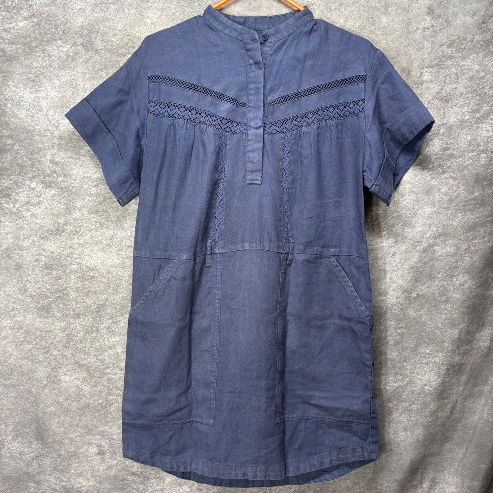 Outerknown Linen Blend Utility Shift Dress Size XS Navy Blue Lace Inset Button